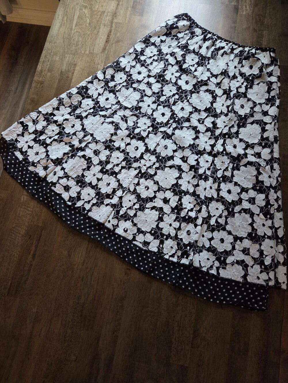 A La Carte Mesh Floral Lace Over Semi Sheer Polka Dot A-Line Skirt